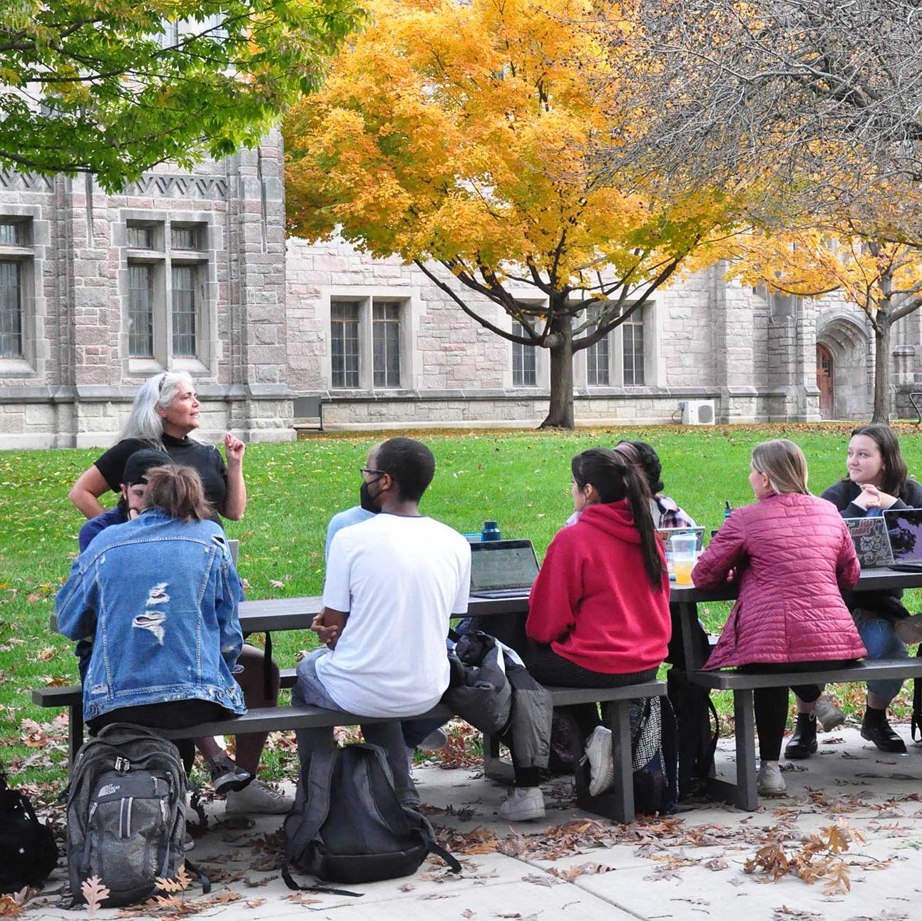 学生们在户外的野餐桌上，由一位白发女子授课